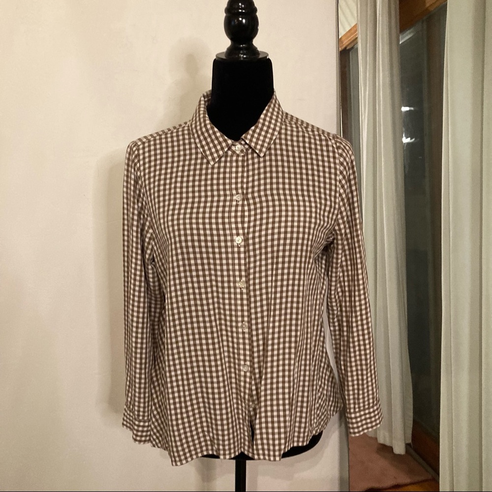 J Jill, Petite Medium, Gingham Brown and White check blouse.